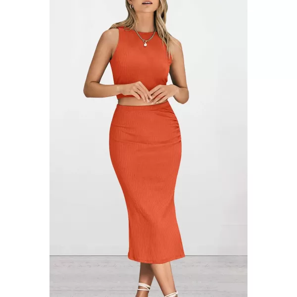 imagePRETTYGARDEN Womens 2 Piece Summer Outfits Crewneck Tank Tops Split Bodycon Midi Skirt SetOrange