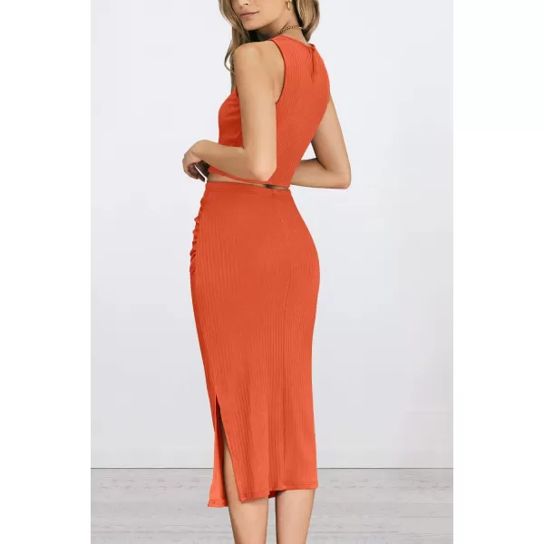 imagePRETTYGARDEN Womens 2 Piece Summer Outfits Crewneck Tank Tops Split Bodycon Midi Skirt SetOrange