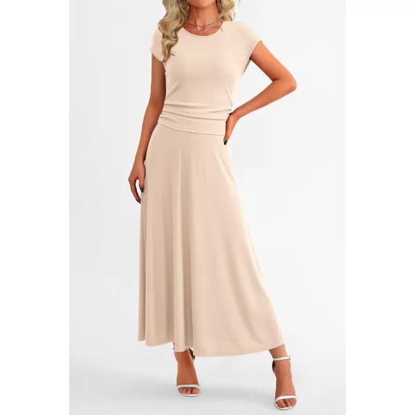 imagePRETTYGARDEN Womens 2 Piece Summer Outfits Dressy Casual Knit Short Sleeve Crop Top High Waist Midi Skirt SetBeige