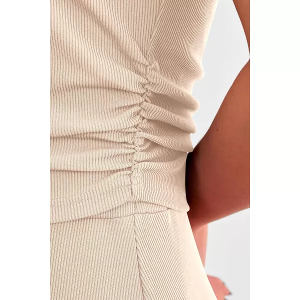 imagePRETTYGARDEN Womens 2 Piece Summer Outfits Dressy Casual Knit Short Sleeve Crop Top High Waist Midi Skirt SetBeige
