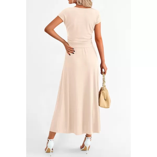 imagePRETTYGARDEN Womens 2 Piece Summer Outfits Dressy Casual Knit Short Sleeve Crop Top High Waist Midi Skirt SetBeige