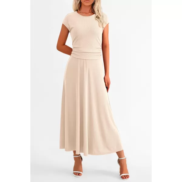 imagePRETTYGARDEN Womens 2 Piece Summer Outfits Dressy Casual Knit Short Sleeve Crop Top High Waist Midi Skirt SetBeige