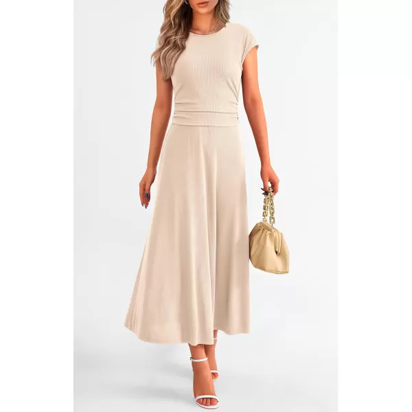 imagePRETTYGARDEN Womens 2 Piece Summer Outfits Dressy Casual Knit Short Sleeve Crop Top High Waist Midi Skirt SetBeige
