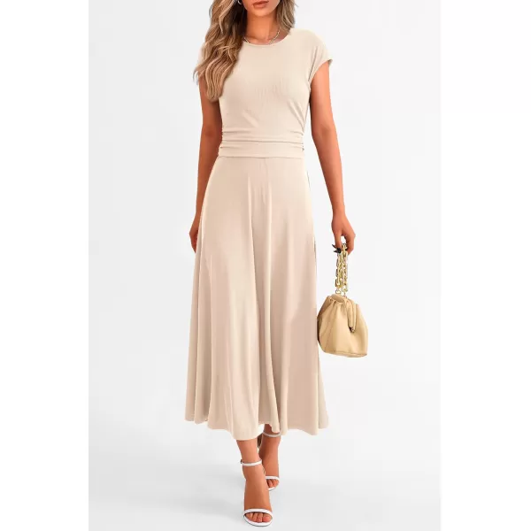 imagePRETTYGARDEN Womens 2 Piece Summer Outfits Dressy Casual Knit Short Sleeve Crop Top High Waist Midi Skirt SetBeige