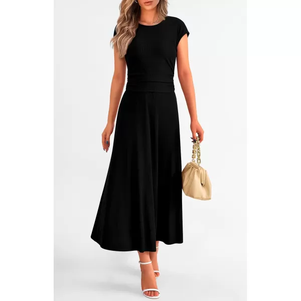 imagePRETTYGARDEN Womens 2 Piece Summer Outfits Dressy Casual Knit Short Sleeve Crop Top High Waist Midi Skirt SetBlack