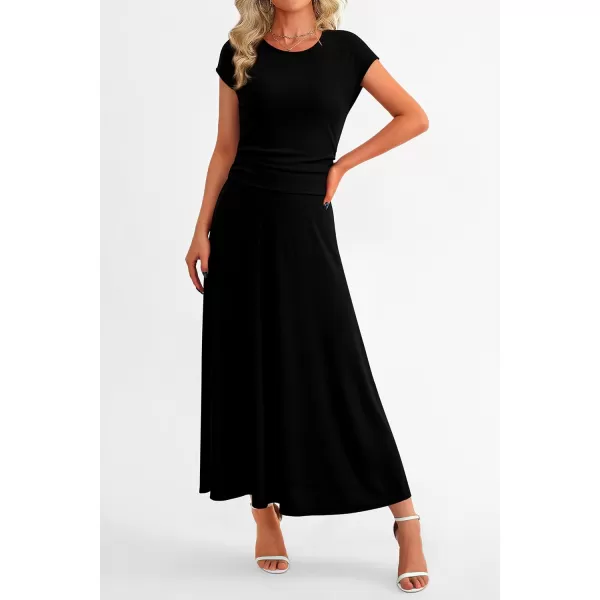 imagePRETTYGARDEN Womens 2 Piece Summer Outfits Dressy Casual Knit Short Sleeve Crop Top High Waist Midi Skirt SetBlack