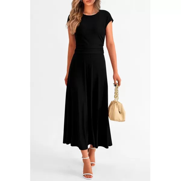 imagePRETTYGARDEN Womens 2 Piece Summer Outfits Dressy Casual Knit Short Sleeve Crop Top High Waist Midi Skirt SetBlack
