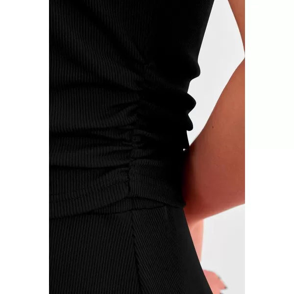 imagePRETTYGARDEN Womens 2 Piece Summer Outfits Dressy Casual Knit Short Sleeve Crop Top High Waist Midi Skirt SetBlack