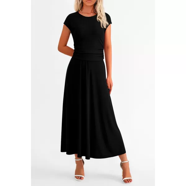 imagePRETTYGARDEN Womens 2 Piece Summer Outfits Dressy Casual Knit Short Sleeve Crop Top High Waist Midi Skirt SetBlack