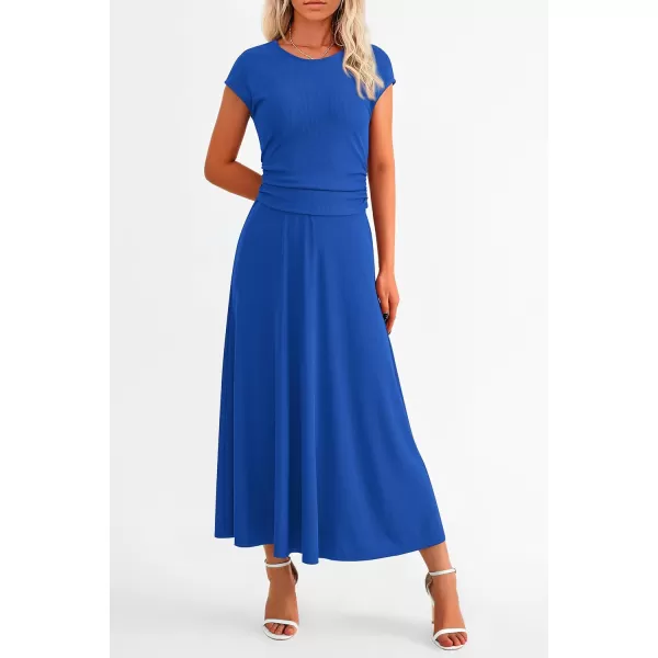 imagePRETTYGARDEN Womens 2 Piece Summer Outfits Dressy Casual Knit Short Sleeve Crop Top High Waist Midi Skirt SetBlue