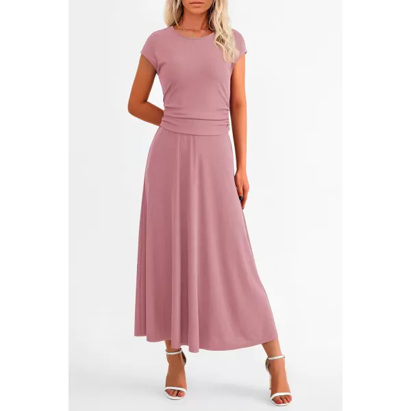 imagePRETTYGARDEN Womens 2 Piece Summer Outfits Dressy Casual Knit Short Sleeve Crop Top High Waist Midi Skirt SetDusty Pink