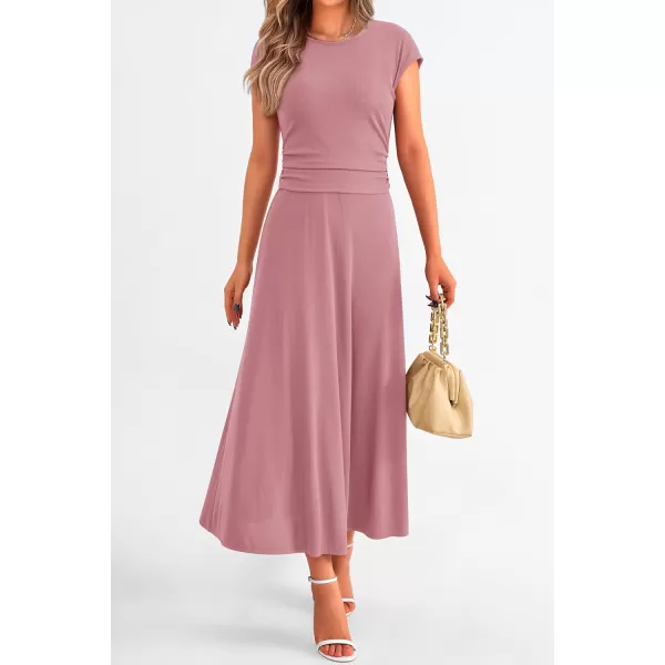 imagePRETTYGARDEN Womens 2 Piece Summer Outfits Dressy Casual Knit Short Sleeve Crop Top High Waist Midi Skirt SetDusty Pink