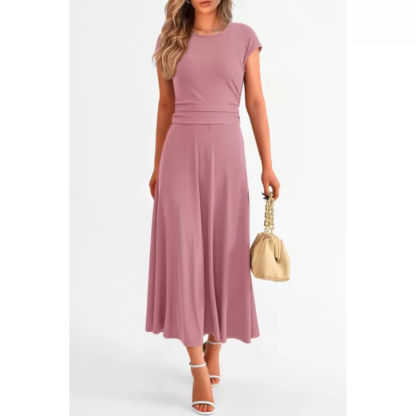 imagePRETTYGARDEN Womens 2 Piece Summer Outfits Dressy Casual Knit Short Sleeve Crop Top High Waist Midi Skirt SetDusty Pink