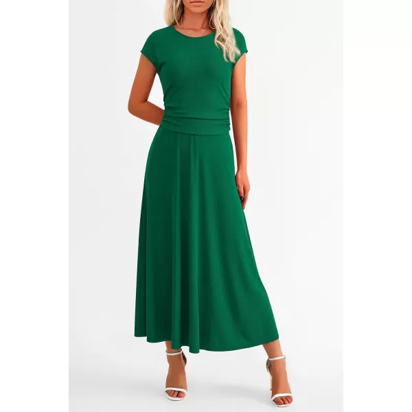 imagePRETTYGARDEN Womens 2 Piece Summer Outfits Dressy Casual Knit Short Sleeve Crop Top High Waist Midi Skirt SetGreen