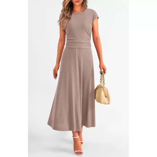 imagePRETTYGARDEN Womens 2 Piece Summer Outfits Dressy Casual Knit Short Sleeve Crop Top High Waist Midi Skirt SetKhaki