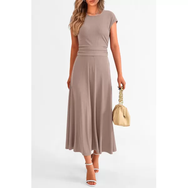 imagePRETTYGARDEN Womens 2 Piece Summer Outfits Dressy Casual Knit Short Sleeve Crop Top High Waist Midi Skirt SetKhaki
