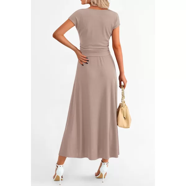 imagePRETTYGARDEN Womens 2 Piece Summer Outfits Dressy Casual Knit Short Sleeve Crop Top High Waist Midi Skirt SetKhaki