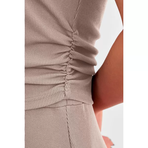 imagePRETTYGARDEN Womens 2 Piece Summer Outfits Dressy Casual Knit Short Sleeve Crop Top High Waist Midi Skirt SetKhaki