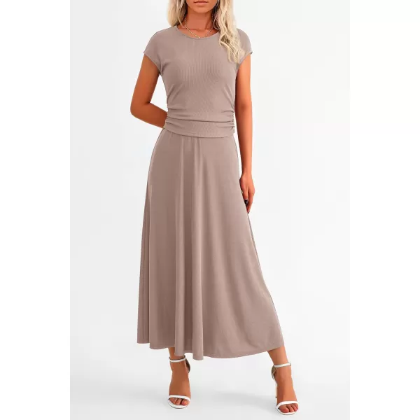 imagePRETTYGARDEN Womens 2 Piece Summer Outfits Dressy Casual Knit Short Sleeve Crop Top High Waist Midi Skirt SetKhaki