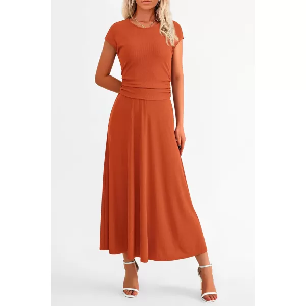 imagePRETTYGARDEN Womens 2 Piece Summer Outfits Dressy Casual Knit Short Sleeve Crop Top High Waist Midi Skirt SetOrange