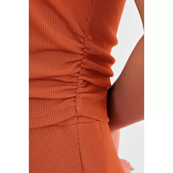 imagePRETTYGARDEN Womens 2 Piece Summer Outfits Dressy Casual Knit Short Sleeve Crop Top High Waist Midi Skirt SetOrange