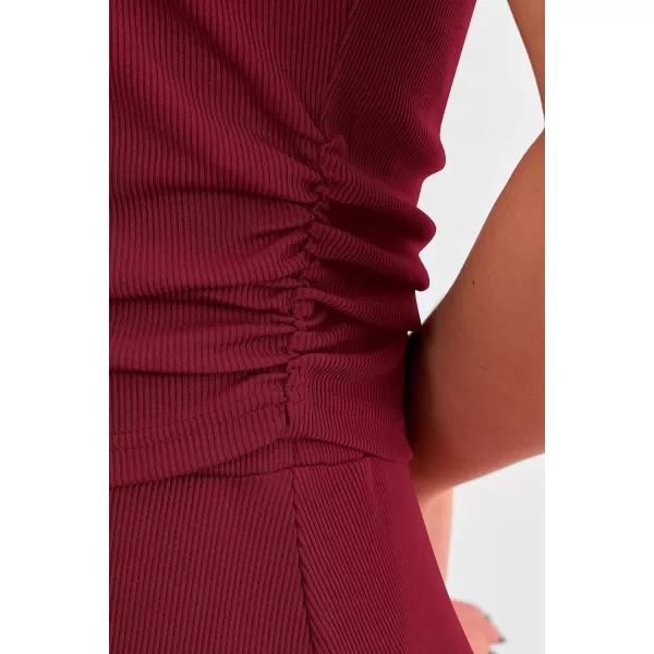 imagePRETTYGARDEN Womens 2 Piece Summer Outfits Dressy Casual Knit Short Sleeve Crop Top High Waist Midi Skirt SetWine Red