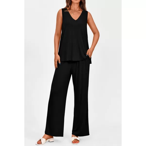 imagePRETTYGARDEN Womens 2 Piece Summer Tracksuits Sleeveless V Neck Tank Top Wide Leg Pants Casual Knit Outfit SetsBlack