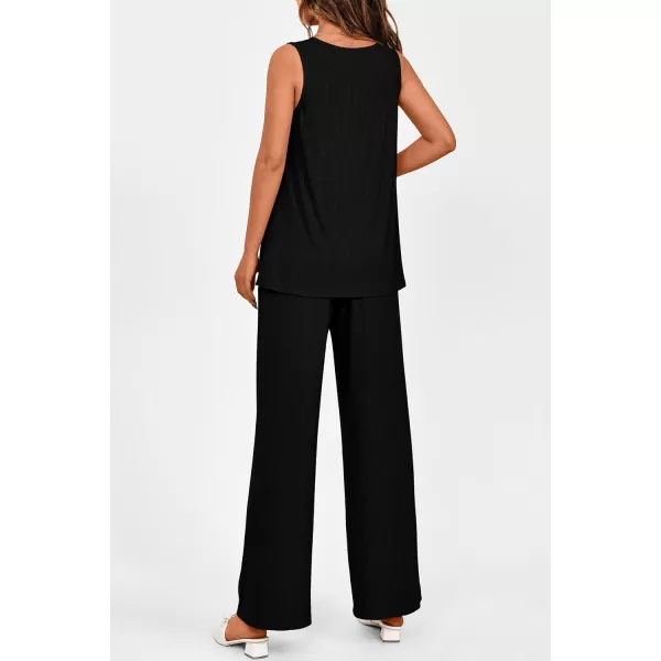 imagePRETTYGARDEN Womens 2 Piece Summer Tracksuits Sleeveless V Neck Tank Top Wide Leg Pants Casual Knit Outfit SetsBlack