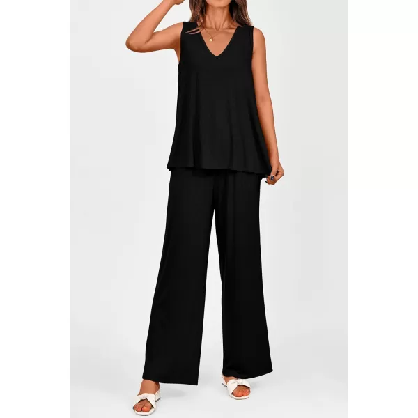 imagePRETTYGARDEN Womens 2 Piece Summer Tracksuits Sleeveless V Neck Tank Top Wide Leg Pants Casual Knit Outfit SetsBlack