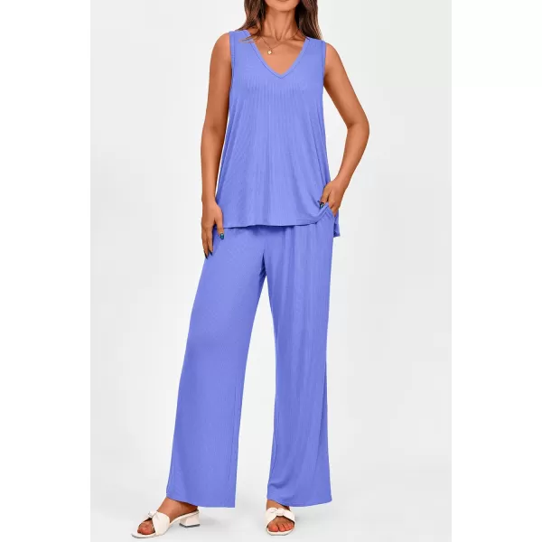 imagePRETTYGARDEN Womens 2 Piece Summer Tracksuits Sleeveless V Neck Tank Top Wide Leg Pants Casual Knit Outfit SetsBlue