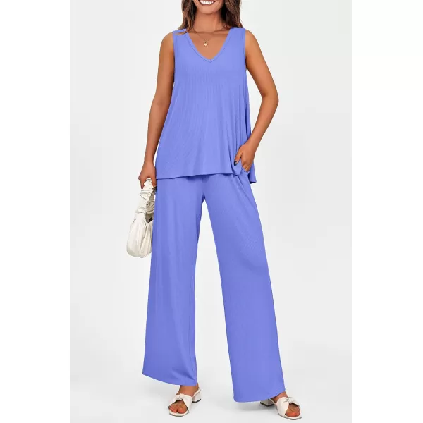 imagePRETTYGARDEN Womens 2 Piece Summer Tracksuits Sleeveless V Neck Tank Top Wide Leg Pants Casual Knit Outfit SetsBlue