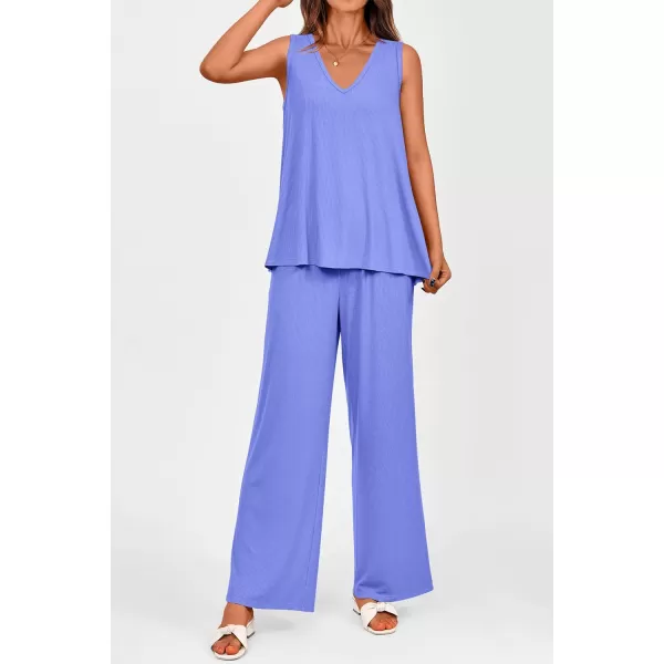 imagePRETTYGARDEN Womens 2 Piece Summer Tracksuits Sleeveless V Neck Tank Top Wide Leg Pants Casual Knit Outfit SetsBlue