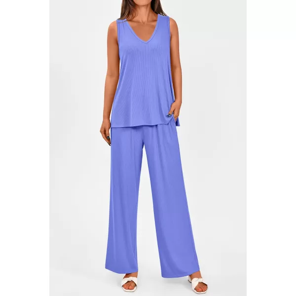imagePRETTYGARDEN Womens 2 Piece Summer Tracksuits Sleeveless V Neck Tank Top Wide Leg Pants Casual Knit Outfit SetsBlue