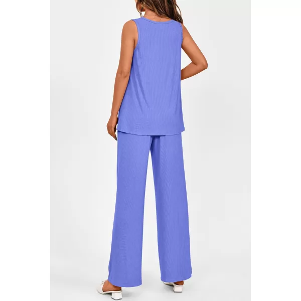 imagePRETTYGARDEN Womens 2 Piece Summer Tracksuits Sleeveless V Neck Tank Top Wide Leg Pants Casual Knit Outfit SetsBlue