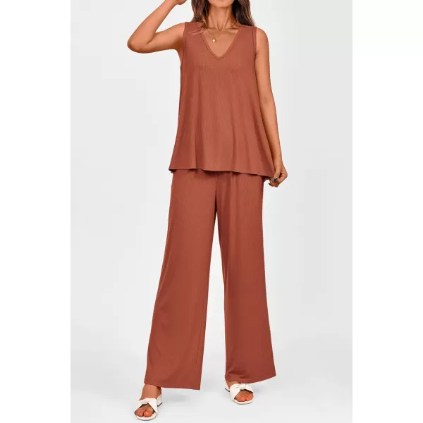imagePRETTYGARDEN Womens 2 Piece Summer Tracksuits Sleeveless V Neck Tank Top Wide Leg Pants Casual Knit Outfit SetsBrick Red
