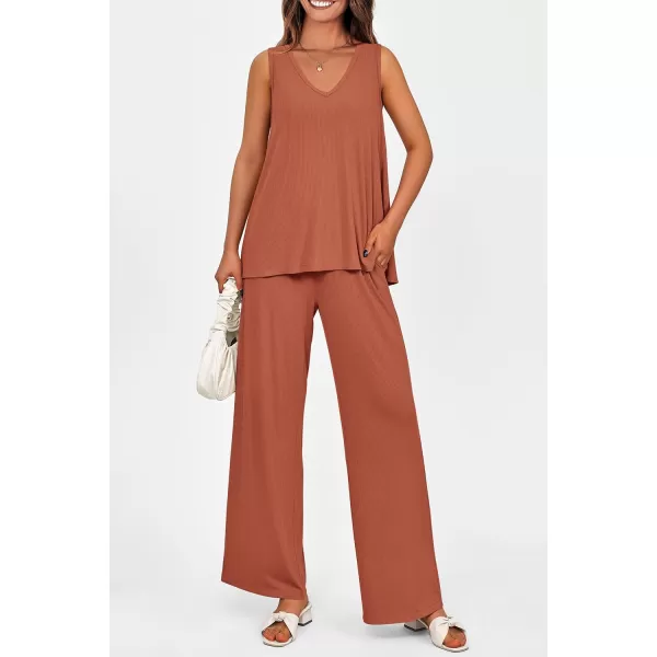 imagePRETTYGARDEN Womens 2 Piece Summer Tracksuits Sleeveless V Neck Tank Top Wide Leg Pants Casual Knit Outfit SetsBrick Red