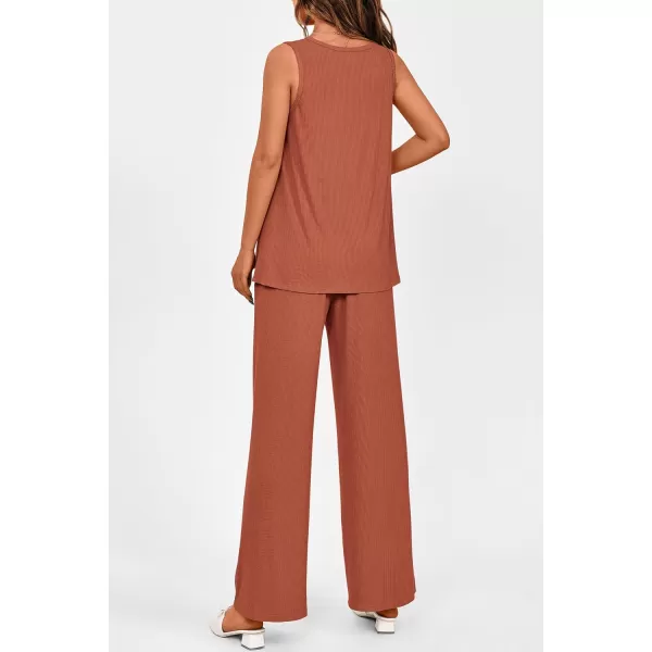 imagePRETTYGARDEN Womens 2 Piece Summer Tracksuits Sleeveless V Neck Tank Top Wide Leg Pants Casual Knit Outfit SetsBrick Red