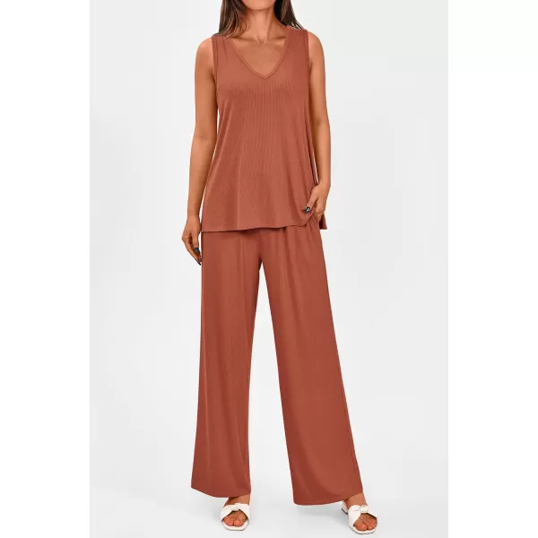 imagePRETTYGARDEN Womens 2 Piece Summer Tracksuits Sleeveless V Neck Tank Top Wide Leg Pants Casual Knit Outfit SetsBrick Red