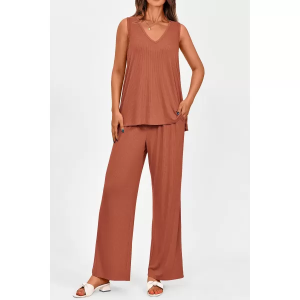 imagePRETTYGARDEN Womens 2 Piece Summer Tracksuits Sleeveless V Neck Tank Top Wide Leg Pants Casual Knit Outfit SetsBrick Red