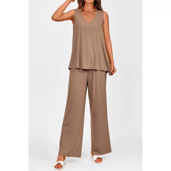 imagePRETTYGARDEN Womens 2 Piece Summer Tracksuits Sleeveless V Neck Tank Top Wide Leg Pants Casual Knit Outfit SetsCamel