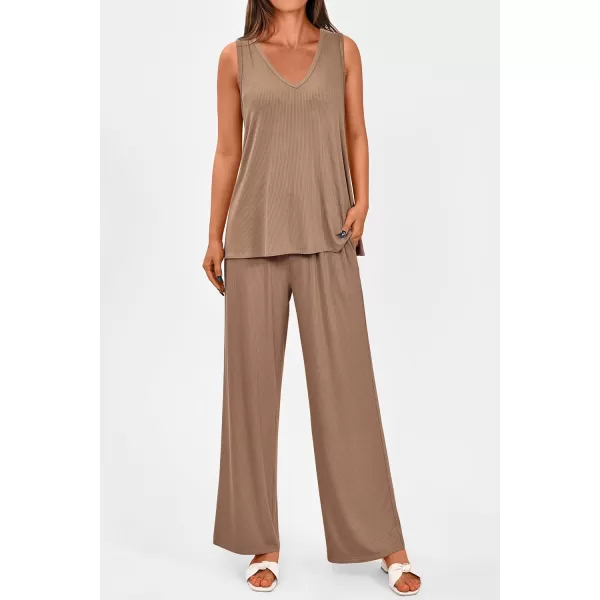 imagePRETTYGARDEN Womens 2 Piece Summer Tracksuits Sleeveless V Neck Tank Top Wide Leg Pants Casual Knit Outfit SetsCamel