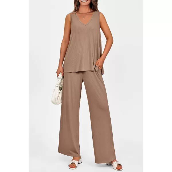 imagePRETTYGARDEN Womens 2 Piece Summer Tracksuits Sleeveless V Neck Tank Top Wide Leg Pants Casual Knit Outfit SetsCamel
