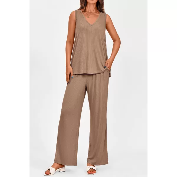 imagePRETTYGARDEN Womens 2 Piece Summer Tracksuits Sleeveless V Neck Tank Top Wide Leg Pants Casual Knit Outfit SetsCamel