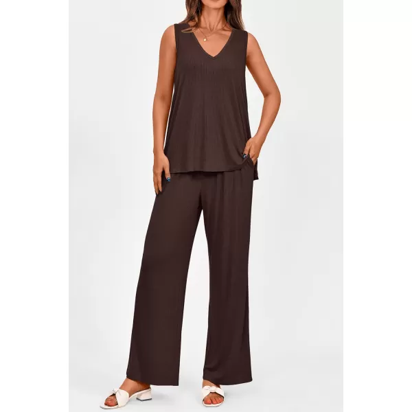 imagePRETTYGARDEN Womens 2 Piece Summer Tracksuits Sleeveless V Neck Tank Top Wide Leg Pants Casual Knit Outfit SetsCoffee