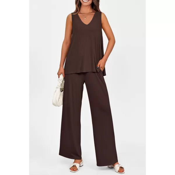 imagePRETTYGARDEN Womens 2 Piece Summer Tracksuits Sleeveless V Neck Tank Top Wide Leg Pants Casual Knit Outfit SetsCoffee