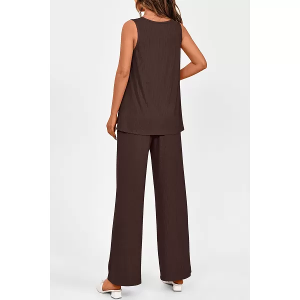 imagePRETTYGARDEN Womens 2 Piece Summer Tracksuits Sleeveless V Neck Tank Top Wide Leg Pants Casual Knit Outfit SetsCoffee