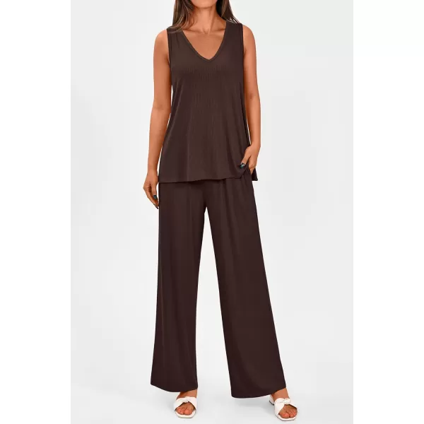 imagePRETTYGARDEN Womens 2 Piece Summer Tracksuits Sleeveless V Neck Tank Top Wide Leg Pants Casual Knit Outfit SetsCoffee