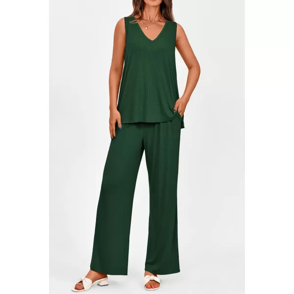 imagePRETTYGARDEN Womens 2 Piece Summer Tracksuits Sleeveless V Neck Tank Top Wide Leg Pants Casual Knit Outfit SetsDark Green