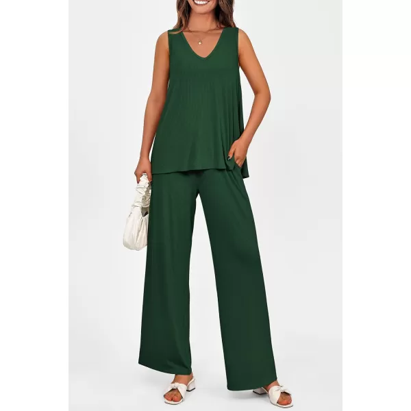 imagePRETTYGARDEN Womens 2 Piece Summer Tracksuits Sleeveless V Neck Tank Top Wide Leg Pants Casual Knit Outfit SetsDark Green