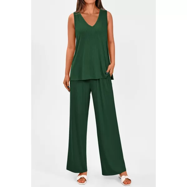 imagePRETTYGARDEN Womens 2 Piece Summer Tracksuits Sleeveless V Neck Tank Top Wide Leg Pants Casual Knit Outfit SetsDark Green